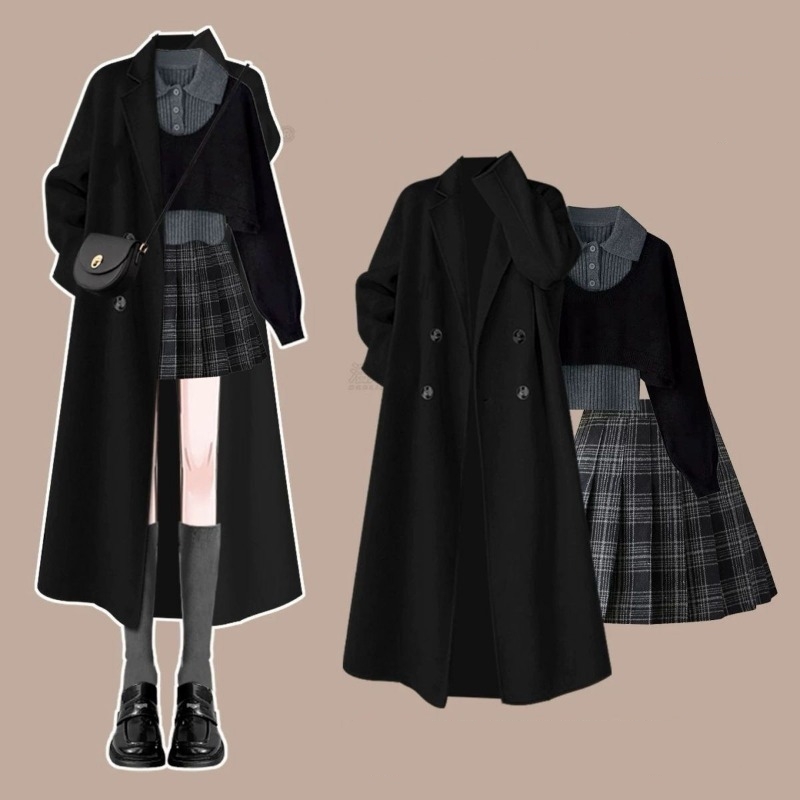 Winter Clothing Pk - ชุดเสื้อโค้ทสีดำสไตล์เกาหลีสำหรับผู้หญิง ฤดูใบไม้ร่วง-ฤดูหนาว พร้อมกระโปรงพลีท ชุดเซ็ต 1 หรือ