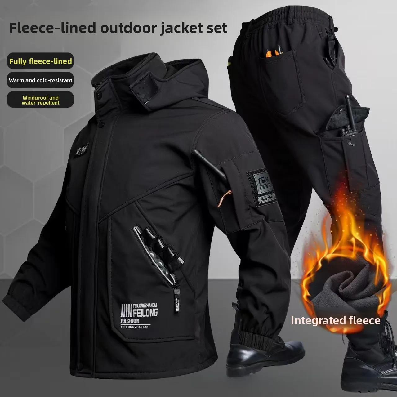 Winter Clothing Pk - ชุดเสื้อผ้าสำหรับปีนเขาฤดูใบไม้ร่วงและฤดูหนาว บุขนหนา สำหรับผู้ชาย ชุดลำลอง ทนทาน กันลม